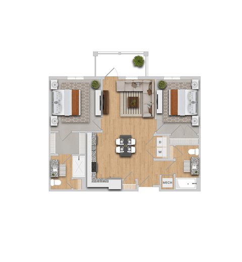 Floor plan for 2 beds, 2 baths, 965 sqft